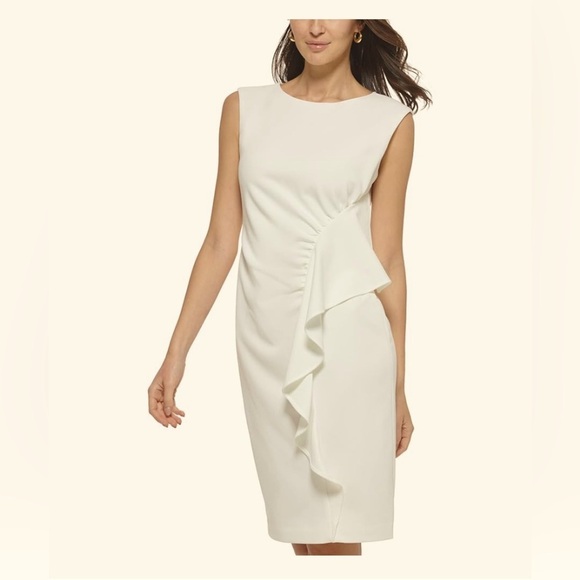 CALVIN KLEIN Ruffle-trim Sheath Dress Size 8 Cream Scuba Crepe Church Shower - Picture 2 of 12